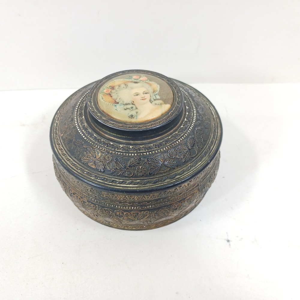 Antique P.N.C.W. Brass‎ Powder Box Portrait Miniature Mirror Glass Liner USA